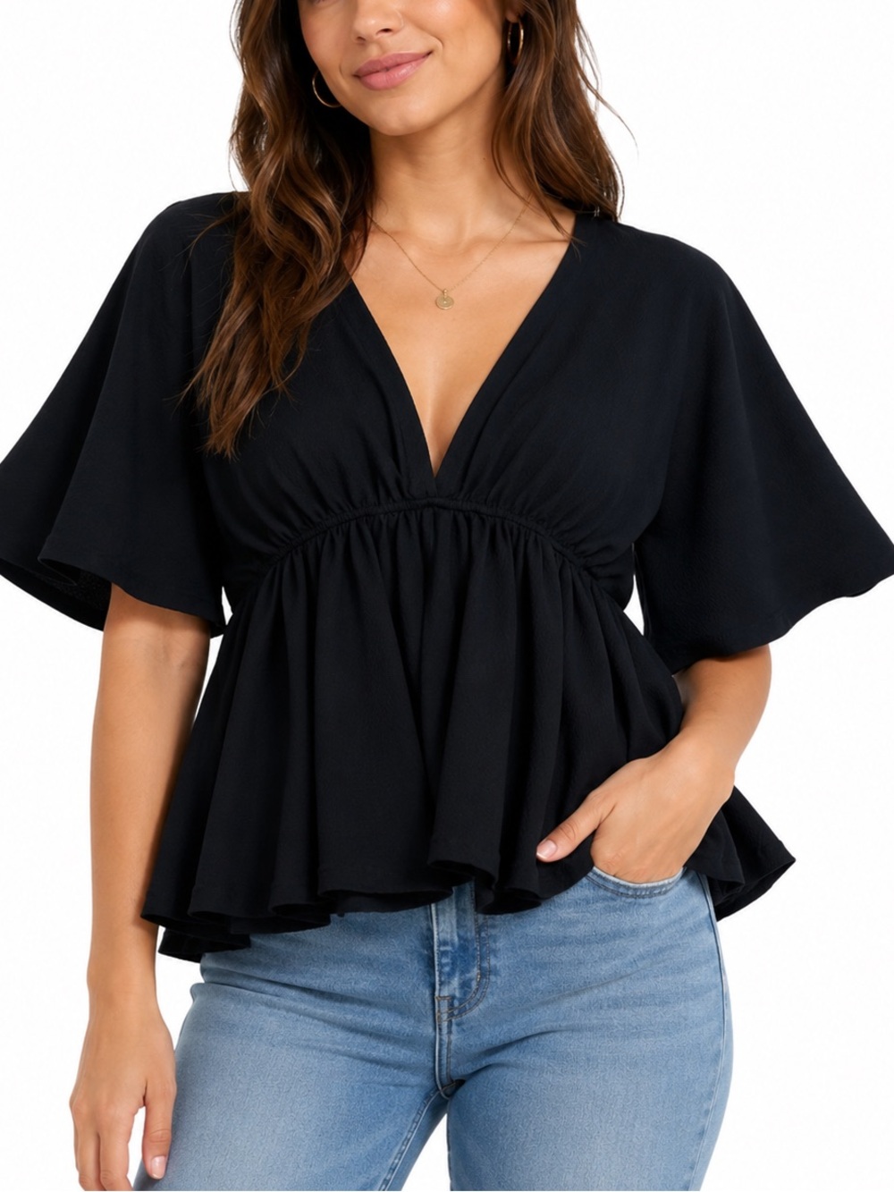Forever 21 Small Top Flowy Butterfly Peplum Black V-Neck Women’s 🦋 mob wife